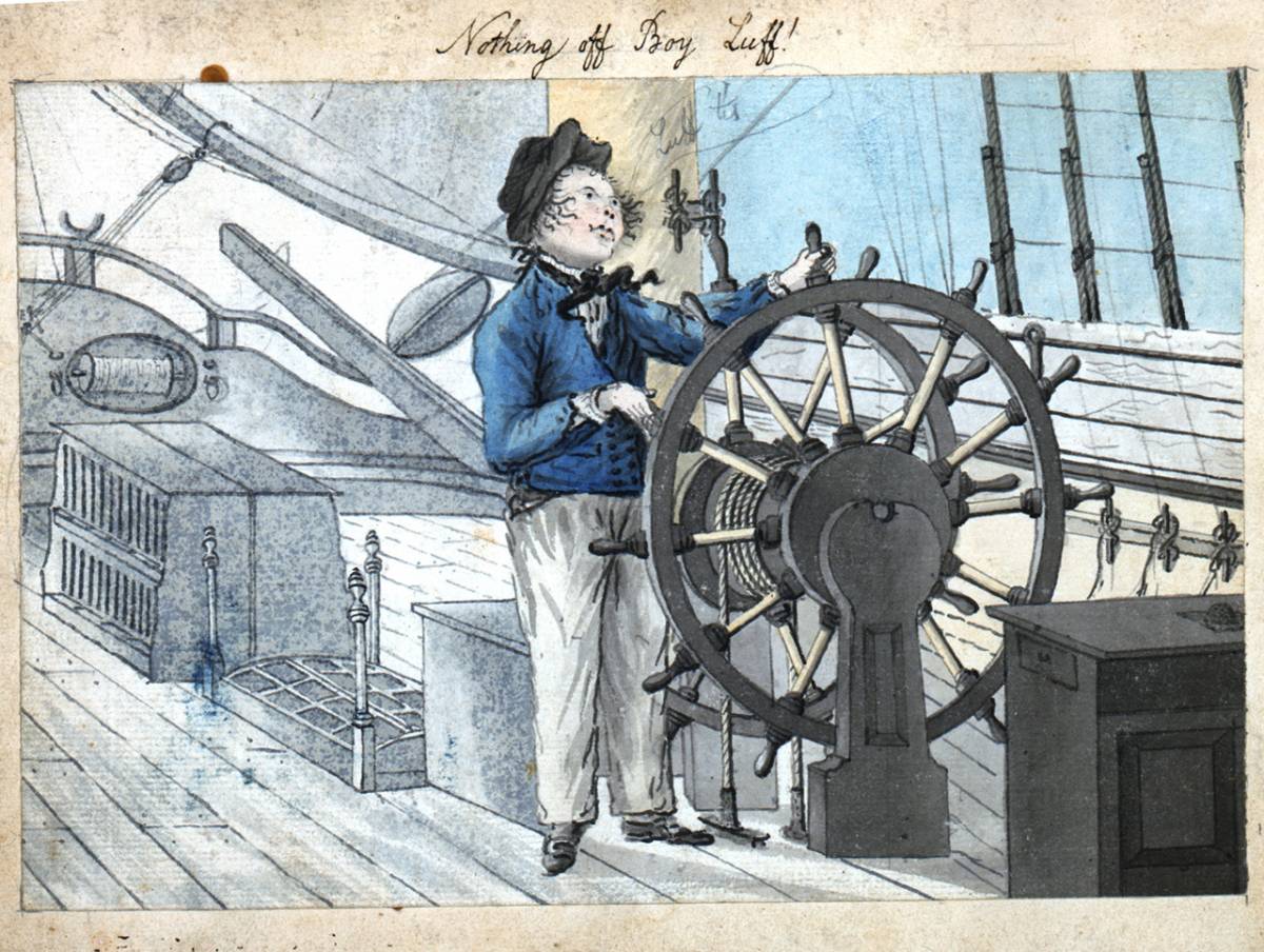 Midshipman at the wheel of a sailing vessel 'Nothing off Boy Luff'.jpg