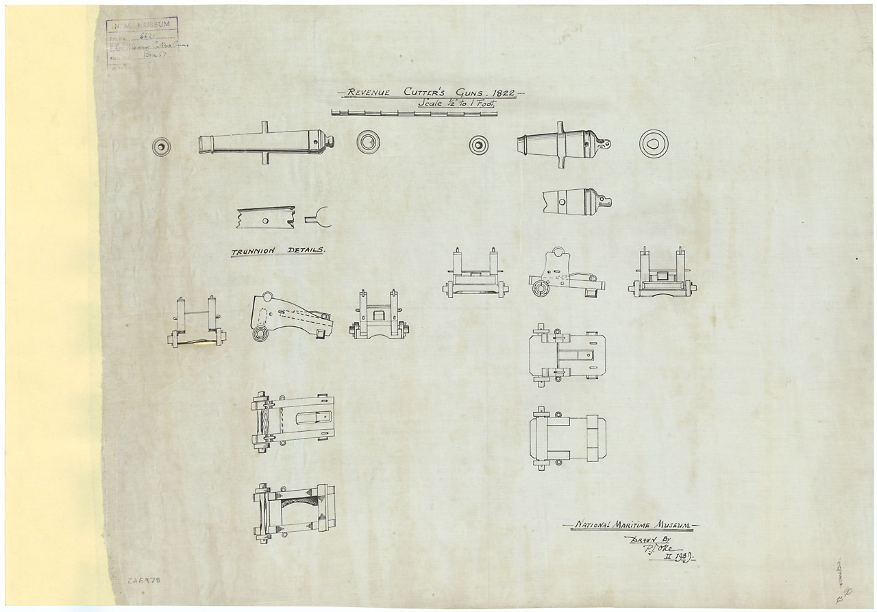 A copy of a plan showing the front, back and side elevations of the gun and carriage for a long and short barrelled gun on revenue cutters (1822).jpg