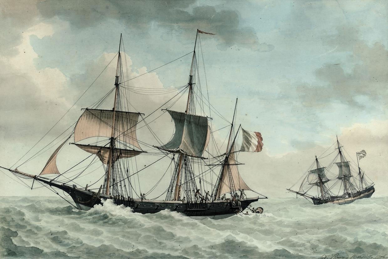 The French corsair L'Etoile capturing the Swedish merchantman Gustave Adolphe off Menorca, 4th September 1805 - Antoine Roux.jpg