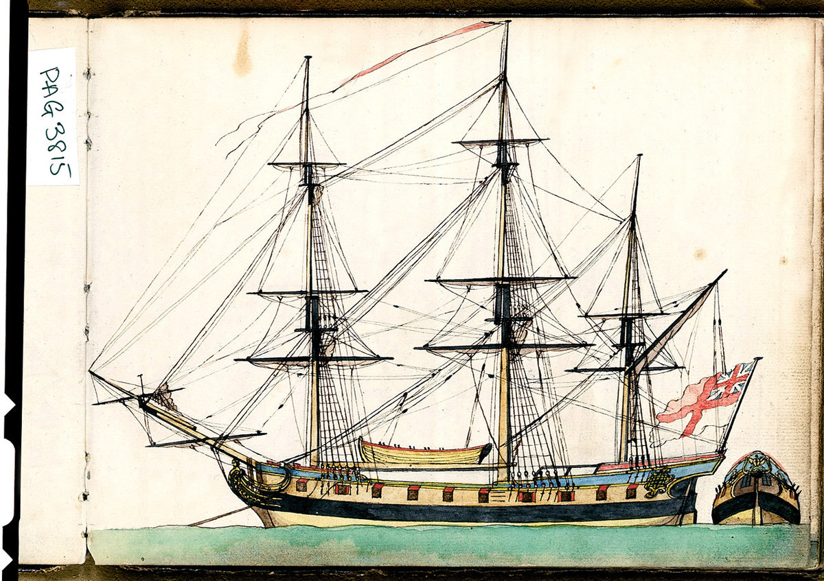 British ship of 20 guns, showing rigging and a ship's boat, and a separate view of the stern 1780.jpg