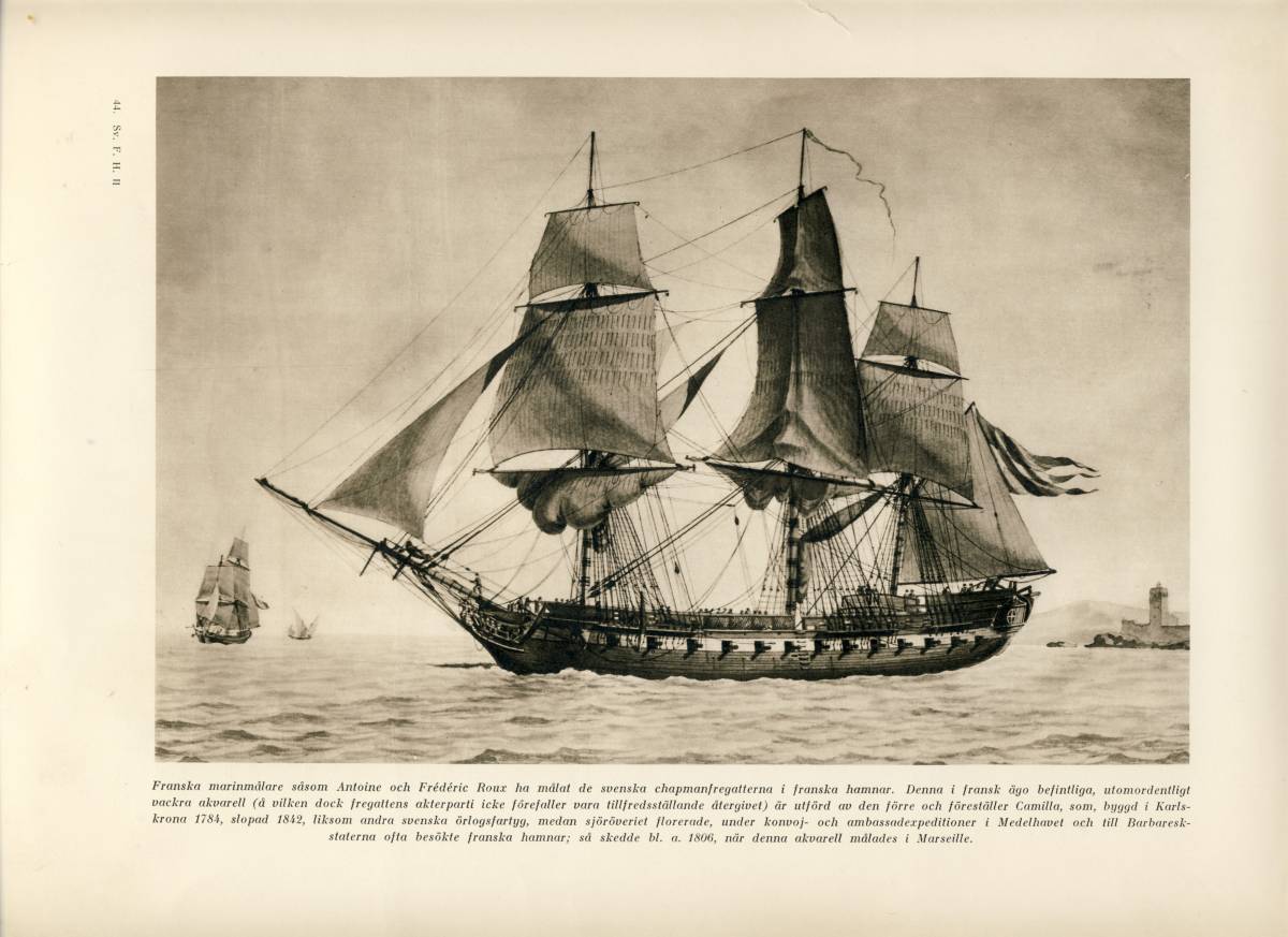 Шведский фрегат Камилла, однотипный с Венусом (Карлскруна, 1784-1842). Рисунок (акварель) сделан в 1806 г. французским художником Ру (Roux).jpg