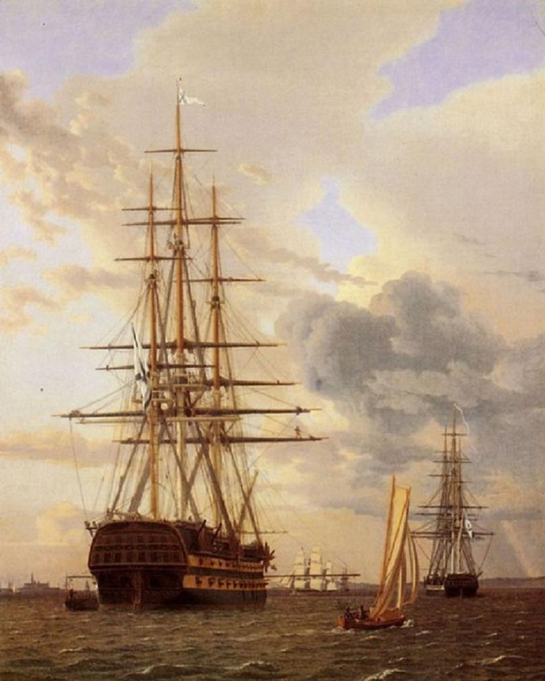 Эккерсберг Кристофер Вильгельм, Русский корабль 'Азов' и фрегат на якоре у Эльсинора, 1828.jpg