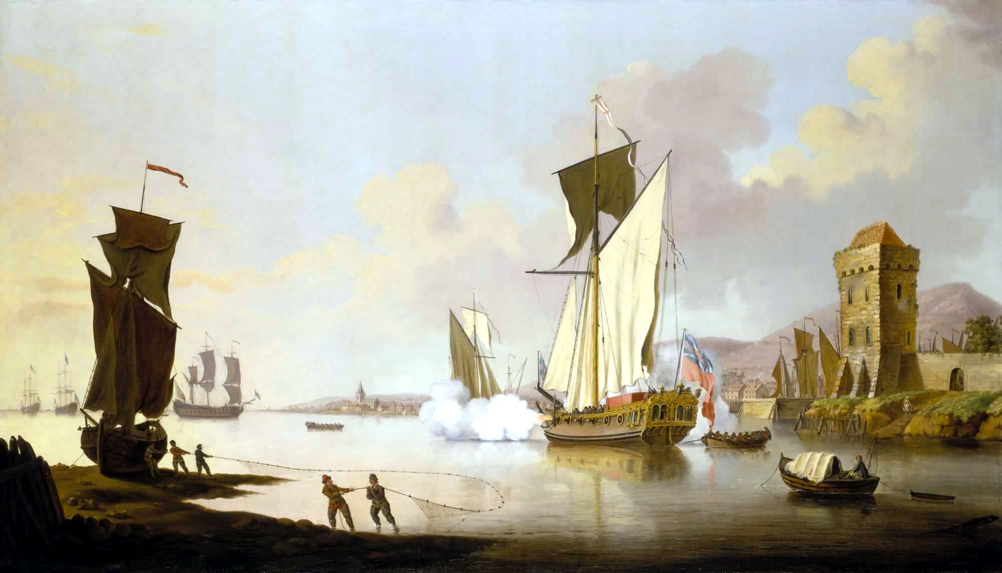 Fishing scene, with a yacht beached near the shore.jpg