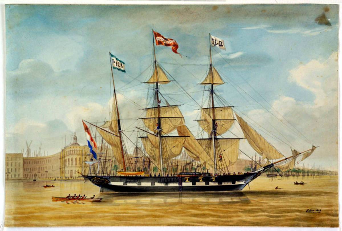 Het barkschip 'Concurrent', onder commando van Kapt. A. de Wit, ten anker liggend op de Maas te Rotterdam, ter hoogte van het Willemsplein. 1857г.jpg