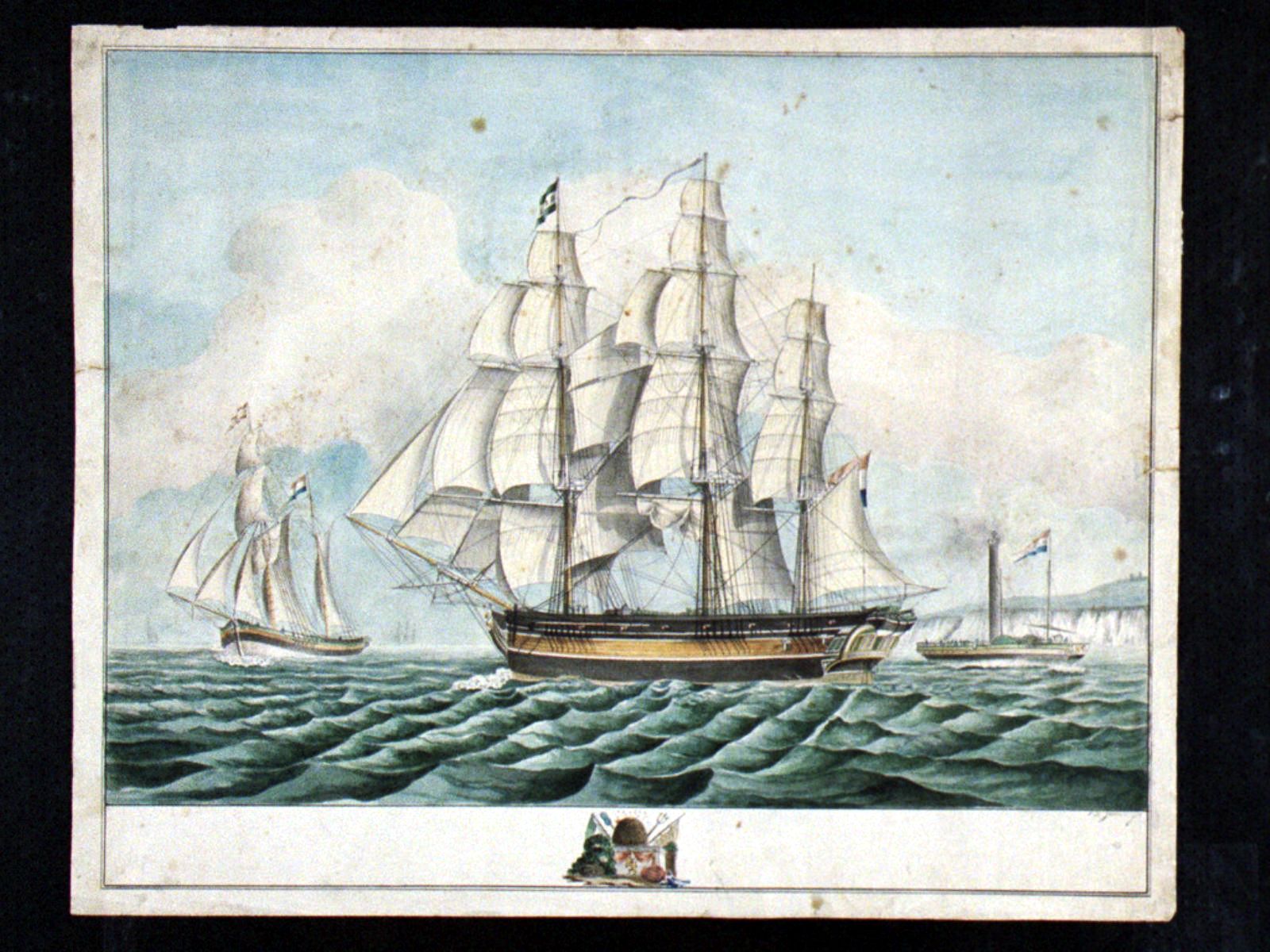Het fregat 'Industrie' en de stoomboot 'De Eendracht' in Het Kanaal. Links een bij de wind zeilende kof, de 'Zeldenrust' 1823г.jpg