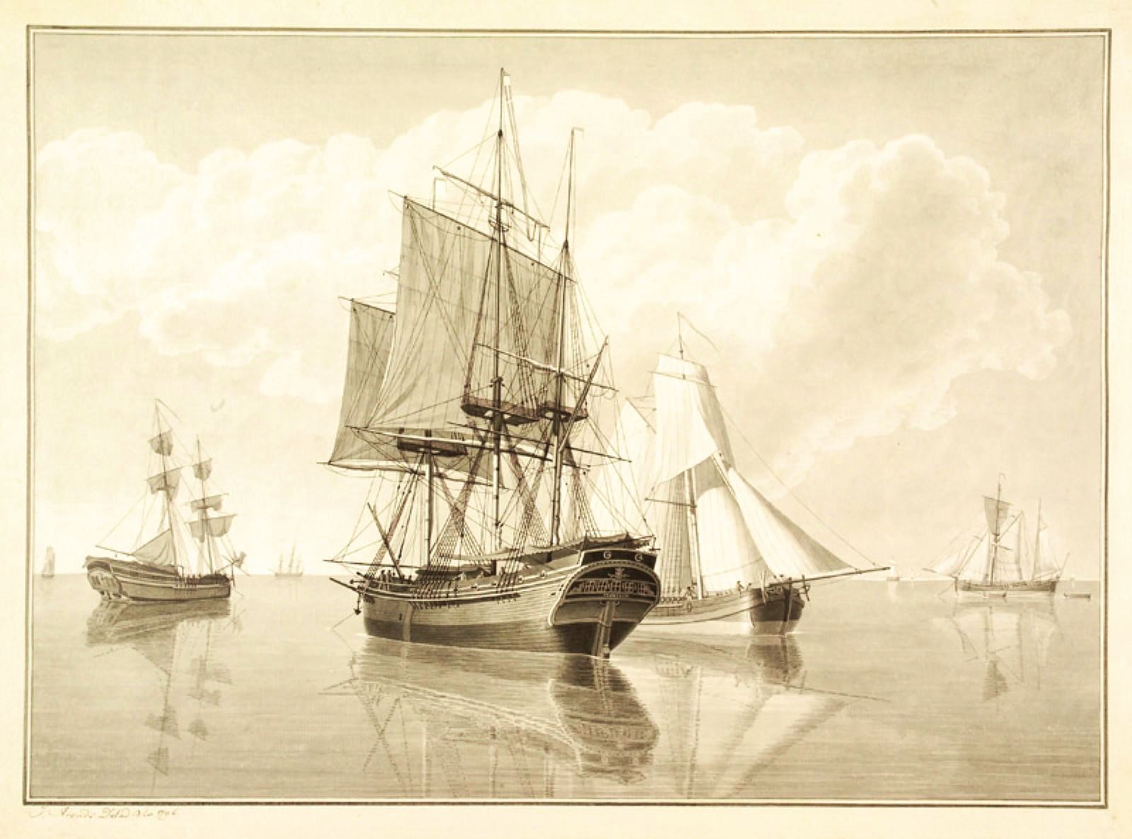 Het fregatschip 'Commercie' voor anker liggende bij stil weer. 1796г.jpg