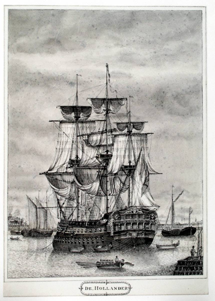 Het linieschip 'De Koninklijke Hollander' ligt voor anker, de zeilen gereid. 1806г.jpg