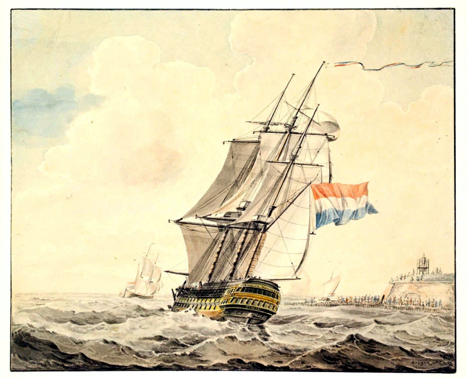Het linieschip Zr.Ms. 'Nassau', zeilende bij de wind met fok en marszeilen. 1816г.jpg