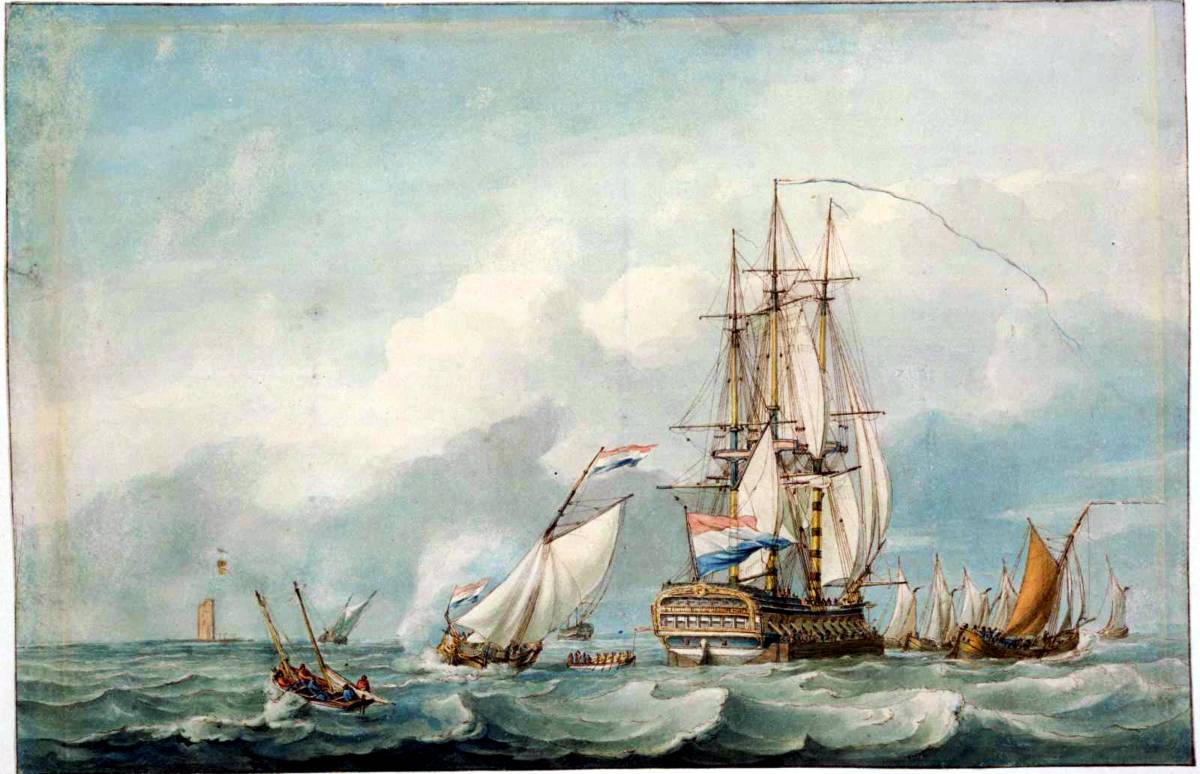 Het slepen van een schip tussen scheepskamelen door Marker waterschepen; 1770.jpg