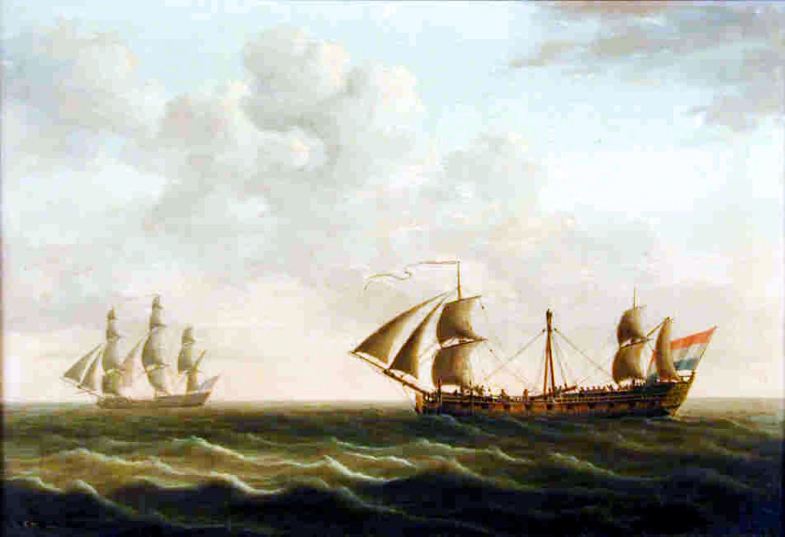 Nederlands fregat onder noodtuig geescorteerd door een Engels fregat. 1790.jpg