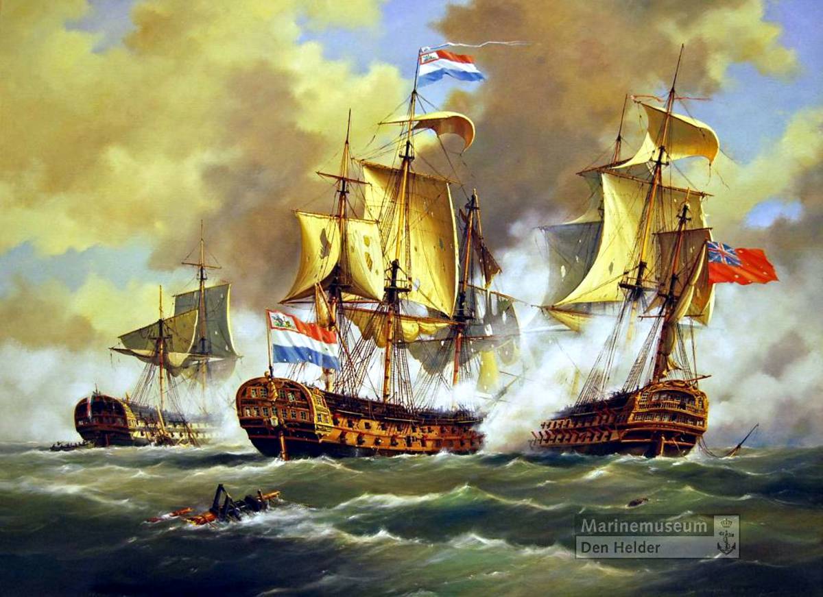 s Lands schip van oorlog Delft in gevecht met het Britse linieschip Monmouth tijdens de zeeslag bij Kamperduin, 11 oktober 1797.jpg