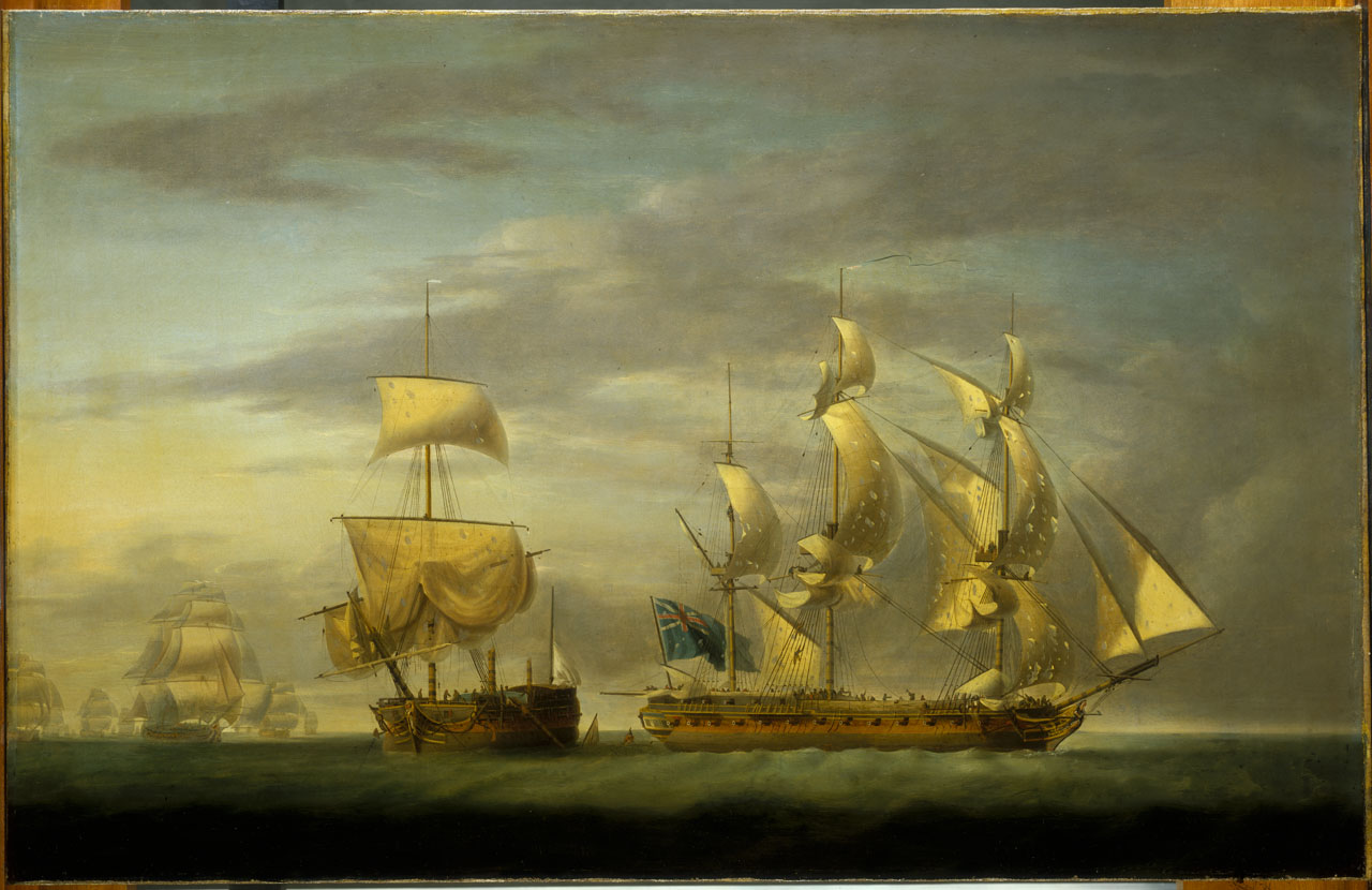 Action between the Amazone and HMS Santa Margarita - cutting the prize adrift, 30 July 1782.jpg